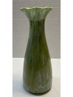 Royal Haeger USA 8.25" Pottery Vase Drip Glaze Greens Tans Ruffle Top MCM - EUC